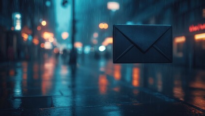 A dark envelope floats in the rain-slicked city streets at night.  Blurred city lights and people add a sense of urgency and mystery