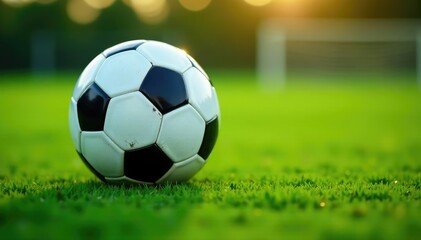 Fototapeta premium Brand new soccer ball on green field, ready for kickoff, pentagons, hexagons