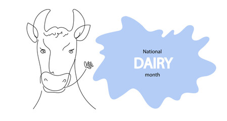 close up head cow. National dairy month.  Continuous line Vector doodle illustration for banner, poster.  line art hand drawn illustration.