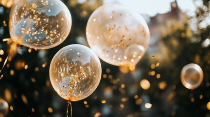 Transparent helium balloons and gold shimmer confetti filling the air at graduation generative ai