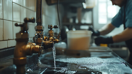 Water Flowing from Faucet in Industrial Kitchen
