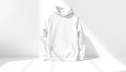 Minimalist white hoodie isolated against a bright, airy background creating a versatile apparel mockup