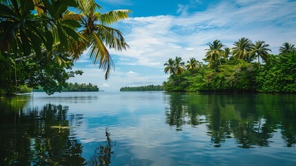Tropical Landscape With Green Palm Trees And Blue Sky Reflected In The Water