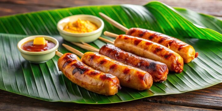 Grilled longganisa sausages on banana leaf with savory dipping sauce, dipping sauce
