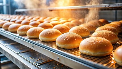 Freshly baked burger buns moving on a conveyor belt in a bakery, with steam rising from the warm bread, food production, fresh bread