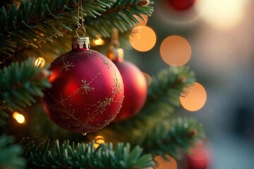 Fototapeta premium Sparkling red and gold Christmas ornaments hanging on a decorated tree branch , decoration, New Year, closeup