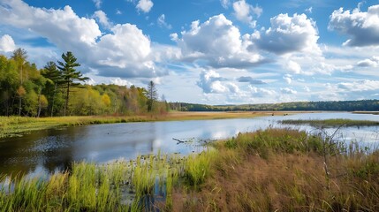 Obraz premium Vast Scenic Lake Landscape Under a Bright Blue Sky with Fluffy White Clouds in Autumn