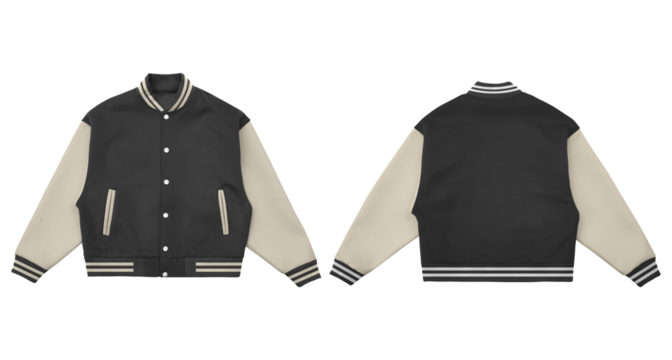 Varsity Jacket Mockup with Casual Color Combo, Realistic varsity jacket mockup featuring a casual color combination, perfect for showcasing apparel designs, logo placements, or college-style fashion