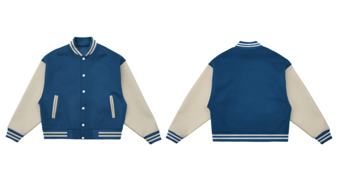Varsity Jacket Mockup with Casual Color Combo, Realistic varsity jacket mockup featuring a casual color combination, perfect for showcasing apparel designs, logo placements, or college-style fashion