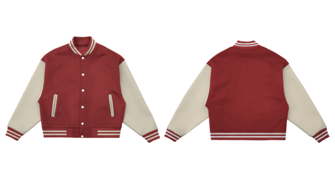 Varsity Jacket Mockup with Casual Color Combo, Realistic varsity jacket mockup featuring a casual color combination, perfect for showcasing apparel designs, logo placements, or college-style fashion