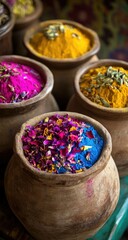 Colorful Spices with Market, and Clay Pots.