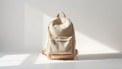 Minimalist light beige backpack on a bright white surface showcasing simplicity and modern design aesthetics, creating a clean and professional image
