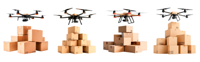 Drone Carrying a Package Over Stacked Cardboard Boxes isolated on transparent background