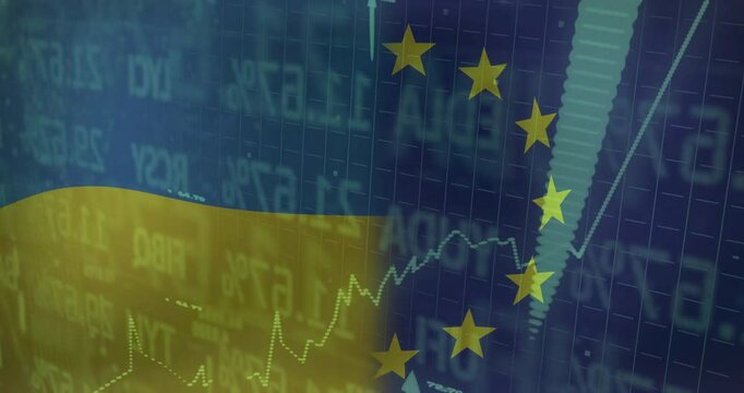 Digital blending Ukrainian and EU flags with grid overlay, showing upward arrows and dotted charts - Powered by Adobe