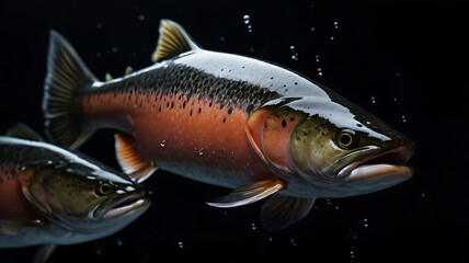 Stunning close-up of two vibrant salmon underwater against a dark background