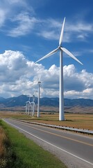 Wind turbines stand tall by road