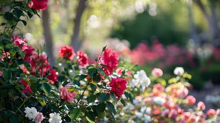Fototapeta premium Vibrant Red And Pink Roses Blooming In A Lush Garden With Green Foliage