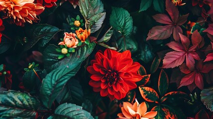 Vibrant Red Dahlia Flower Surrounded By Green And Red Leaves in Natural Sunlight