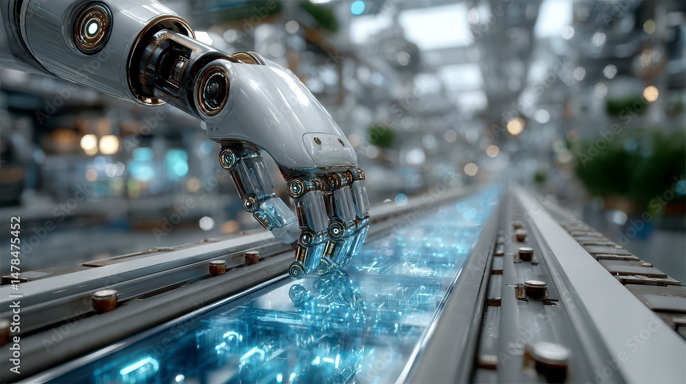 Poster futuristic robotic arm on automated assembly line