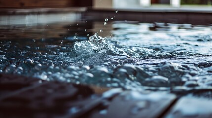 Water Splash With Bubbles And Wooden Surface In Blue And White Tones