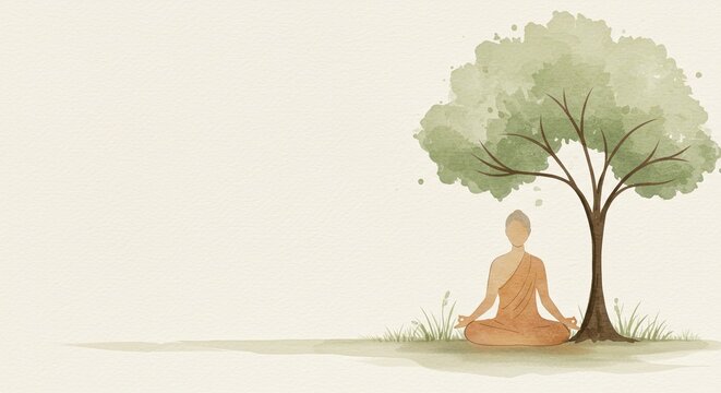 Under a serene tree depicted in watercolor style, person dressed robes sits meditative pose on the ground.copy space