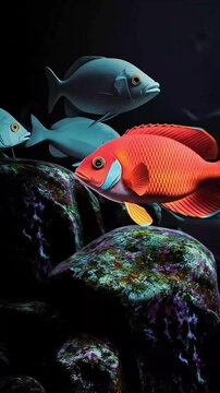 An individual bright fish contrasts with a conforming shoal, swimming upstream among dark rocks