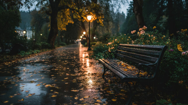 Wet park path with empty bench during rain, surrounded by fallen leaves and illuminated by streetlights - Powered by Adobe