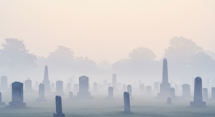 Dense fog blankets a solemn cemetery at dusk, obscuring all but the silhouettes of weathered headstones and distant trees against pale, fading light.