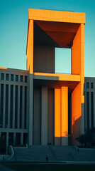 Obraz premium A monumental brutalist government building from the late 1970s, designed with massive cantilevered concrete volumes and sculptural voids, rising against a clear sky. created by generative ai