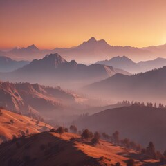 Ombre sunset casts warm hues on misty mountain range, sky gradient, calm, mountains, sky