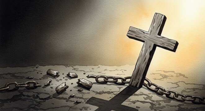 A weathered wooden cross stands beside broken chain, symbolizing the triumph of faith over confinement and breaking barriers.religion mood