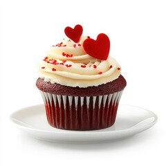 A delicate red velvet cupcake topped with creamy, fluffy white frosting