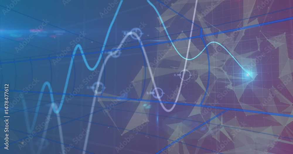 Aufkleber overlapping cyan and white waveform lines flowing through 3d grid tunnel with glowing node markers