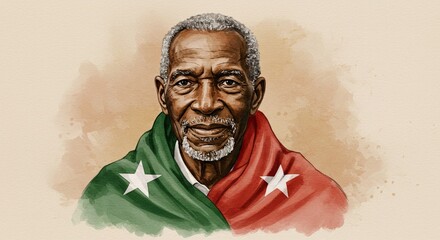 Naklejka premium watercolor portrait showcases an older african american man with gray hair and beard, draped in dual red green flags bearing single white stars against, juneteenth mood