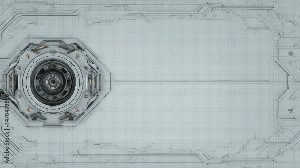 Poster futuristic tech background gray circuit board with central mechanism