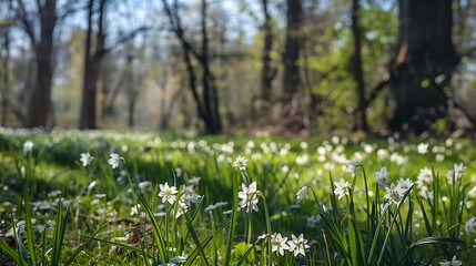 White Daffodils Blooming In Green Meadow Forest With Bright Sunlight During Spring Season