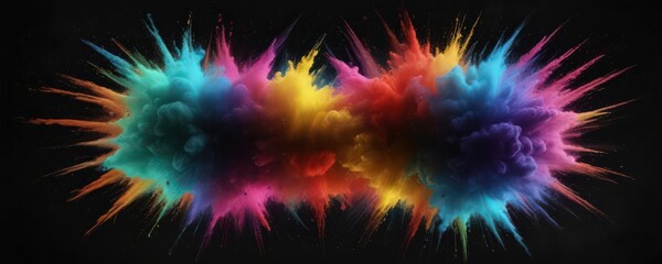 Multicolored powder bursts against black, dynamic energy , movement, cloud, colorful