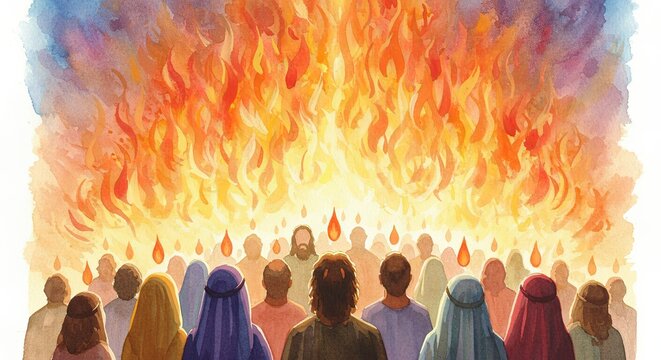 Watercolor artwork depicts a group of people looking upwards at vibrant display fiery light with small flame-shaped droplets falling towards them.religion mood