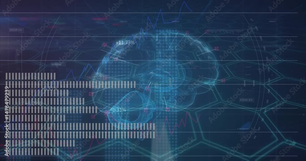 Poster translucent 3d brain hologram being visualized in dark interface showing bar charts and line graphs