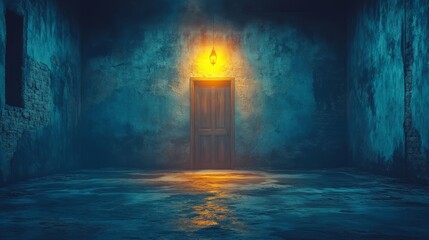 Mysterious Doorway: A lone candle casts an eerie glow on an old wooden door in a dark, damp room, creating a mysterious and suspenseful atmosphere.