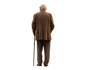 Elderly man walking with cane in classic attire  isolated on transparent background