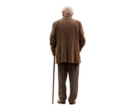 Elderly man walking with cane in classic attire  isolated on transparent background