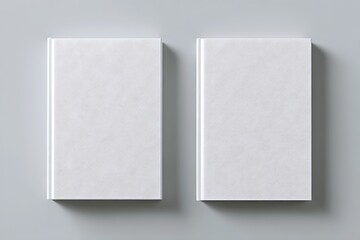 Two White Blank Hardcover Books Are Lying Side By Side On A Light Gray Surface, Publication mockup, literary advertisement