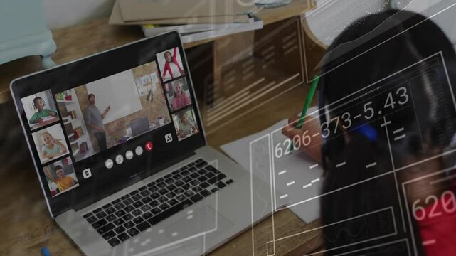 male instructor guiding virtual education session at home desk, displaying floating math equations