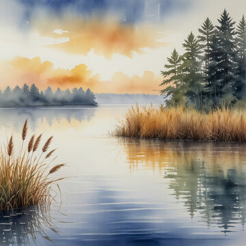 Peaceful watercolor of Lake Bemidji in northern Minnesota, with reeds at the shore, loons gliding by, and mist at sunrise