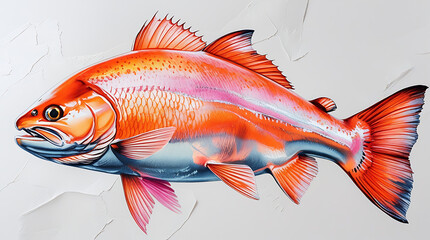 Vibrant artistic illustration of a red fish swimming on a textured white background.