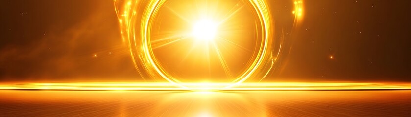 Obraz premium Radiant golden circular energy field over a flat surface.