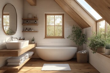 Fototapeta premium Cozy, wooden attic bathroom with natural light.