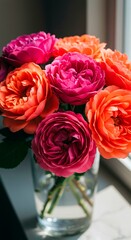 A romantic bouquet of pink and red roses blossoms in a vase, a floral gift of love