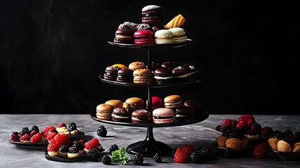 Assorted Macarons and Berries on a Tiered Stand